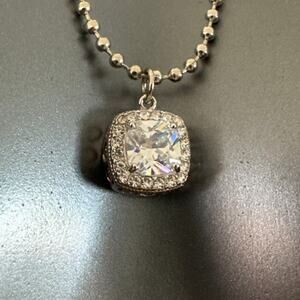 Large Cushion Halo Clear Stone Surrounded Small Stones 24" Pull Chain Necklace